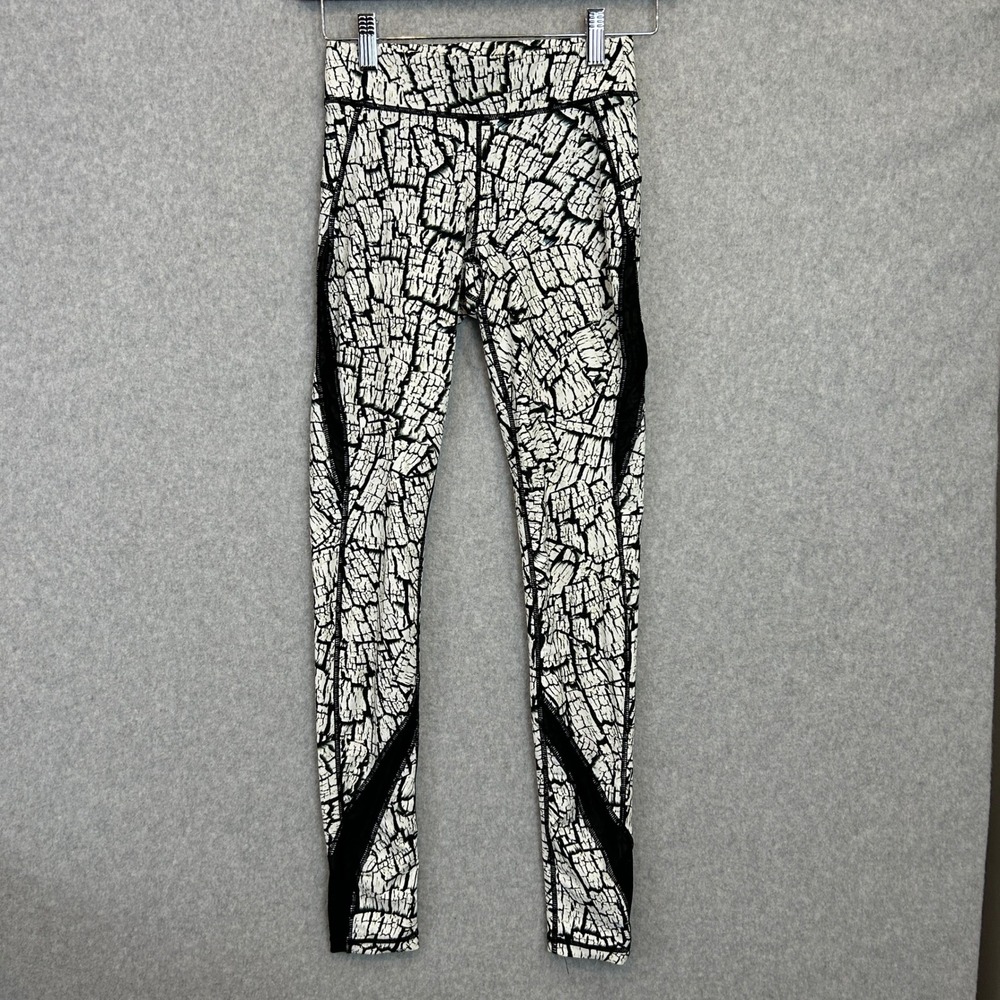 HPE Leggings Black White Crackle Print Yoga Mesh Panel Activewear Womens Small